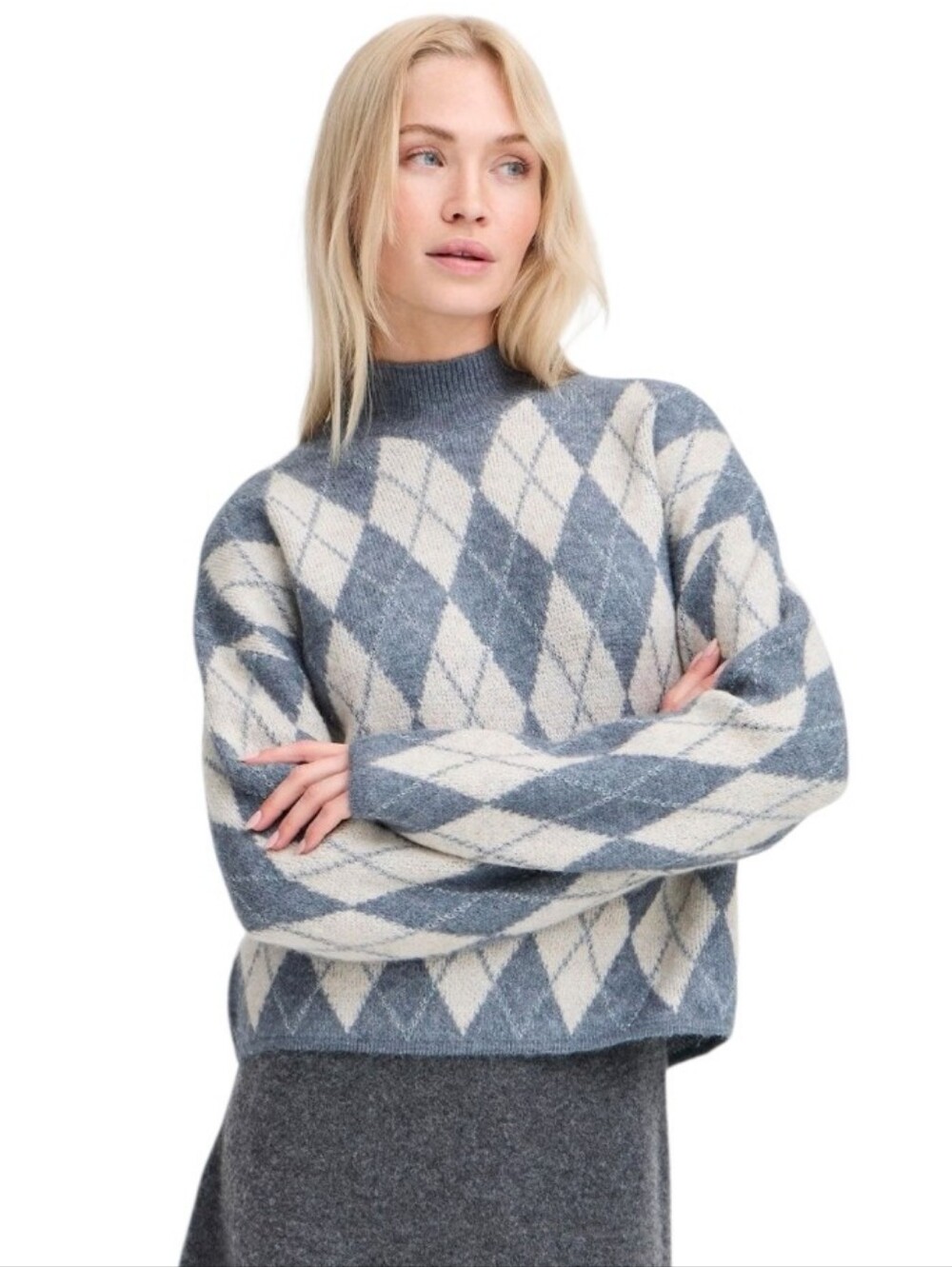 NWT B. Young Nafta Diamond Boxy High Neck Argyle Sweater Wool Alpaca Blend S